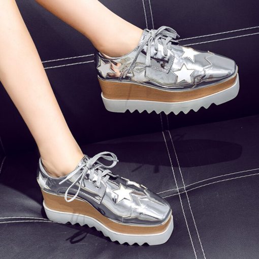Women’s Patent Leather Stars Platform Casual Shoesmain image32022 Autumn Women Patent Leather Stars Flat Platform Casual Shoes Fashion Lace Up Brogue Shoes Footwear