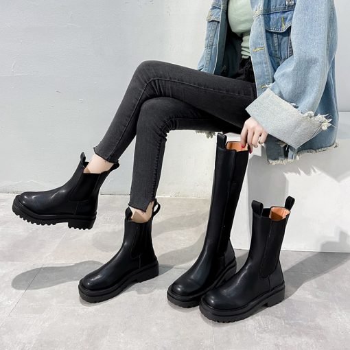 Women’s Fall Winter PU Leather Plush Black Bootsmain image3TUINANLE Chelsea Boots Chunky Boots Women Winter Shoes PU Leather Plush Ankle Boots Black Female Autumn
