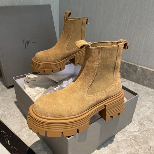 AUTO-DRAFTmain image5Autumn Chelsea Boots Women s Shoes Retro Slip On Ankle Boots Thick High Heels Cow Suede