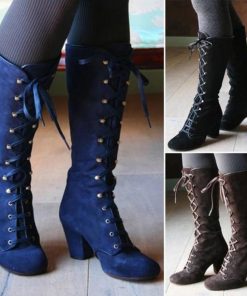 main image02020 Black boots women Shoes knee high Women Casual Vintage Retro Mid Calf Boots Lace Up