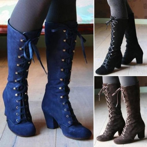 main image02020 Black boots women Shoes knee high Women Casual Vintage Retro Mid Calf Boots Lace Up