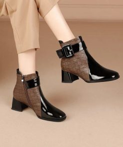main image02022 Autumn Women Ankle Boots Pu Leather Thick High Heel Short Boots Winter Zip Square Toe