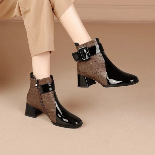 main image02022 Autumn Women Ankle Boots Pu Leather Thick High Heel Short Boots Winter Zip Square Toe