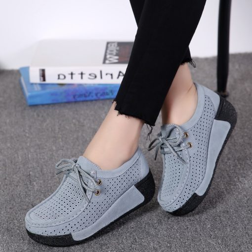main image02022 Autumn Women Flats Shoes Platform Sneakers Shoes Leather Suede Casual Shoes Slip on Flats Heels