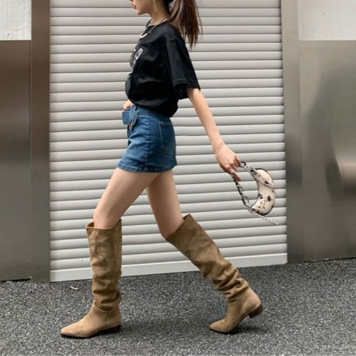 main image02022 Autumn Women Knee High Boots Female Flock Block Heels Pointed Toe Shoes Pleated Ladies Retro