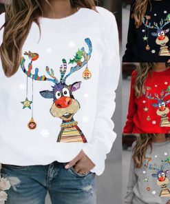 main image02022 Fall New Simple Fashion Christmas Long Sleeve Women S Colorful Christmas Reindeer Print Sports Sweater
