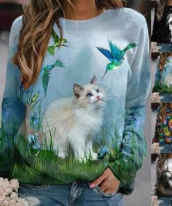 main image02022 New Winter Women s Vintage Tops Simple T shirt Autumn Animal Printed Pullover Round Neck