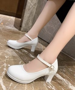 main image02022 New Women Dress Shoes Medium Heels Mary Janes Shoes Patent Leather Pumps Ankle Strap Ladies