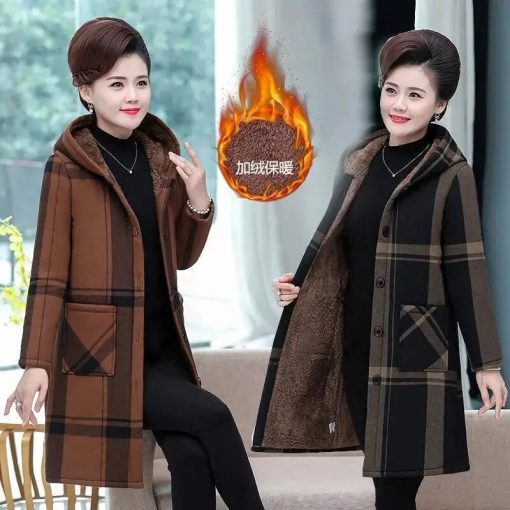 5XL Velvet Thick Cotton Winter Padded Jacket Middle-Aged And Elderly Women's Parka Long Mother's Hooded Coat Grid parka