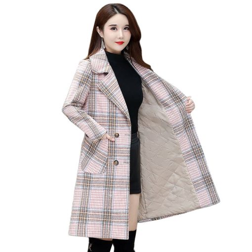 Blended Wool Coat Women Jacket Autumn Winter Mid-Long Plaid Thicken Warm Coats Jackets Ladies Double Breasted Woolen Outerwear