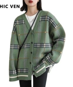 main image0CHIC VEN Autumn Winter 2021 Women s Sweaters Original Vintage Loose V neck Plaid Knitted Cardigan