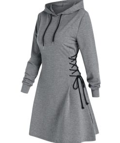 main image0Casual Women Long Sleeve Autumn Dress Drawstring Lace Up Mini Hoodie Dress Vestidos Femme Gothic Fashion