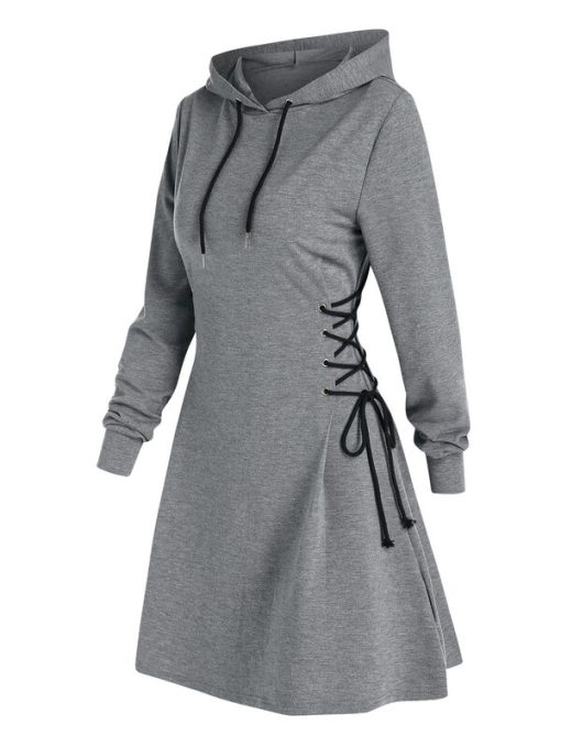 main image0Casual Women Long Sleeve Autumn Dress Drawstring Lace Up Mini Hoodie Dress Vestidos Femme Gothic Fashion