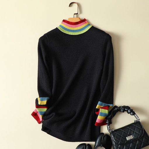 main image0Colorful Striped Knitted Turtleneck Women Sweater Pullovers Slim Office Lady Elegant Pulls Outwear Coats Tops