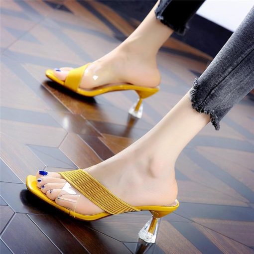 main image0Comemore 2021 Female Slippers Women Fashion High Heels Transparent Medium Heel Elegant Summer Sandals for Girls