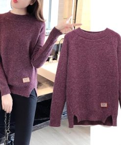 main image0FMFSSOM Fall Long Sleeve Women Sweater Slit Femme Solid Pullover Female Knitwear Casual Knitted Top Sweater