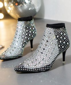 main image0Fashion Crystal Transparent PVC Mesh Upper Ankle Boots for Women Pointed Toe High Heels Shoes Woman