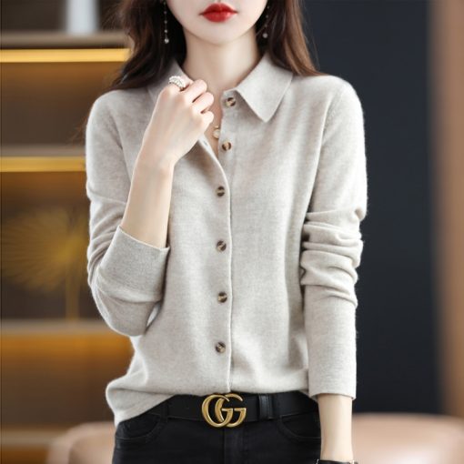 main image0Fine Imitation Wool Knit Cardigan Women Lapel Solid Color Sweater Fashion Chic Loose Tops Versatile Spring