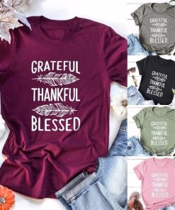 main image0Grateful Thankful Blessed Feather Print Women T Shirt Short Sleeve O Neck Loose Women Tshirt Ladies