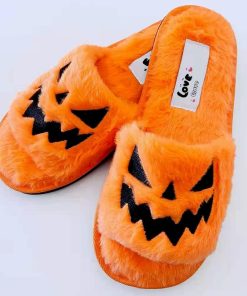 main image0Halloween Pumpkin Lantern Slippers 2022 Autumn Soft Furry Comfort Closed Toe Slides Women Size 43 Outdoor