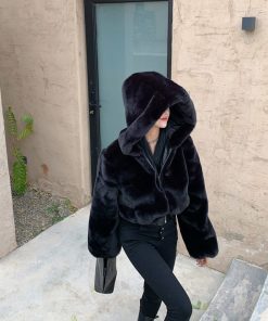 main image0High Quality Furry Cropped Faux Fur Coats and Jackets Women Fluffy Top Coat with Hooded Winter