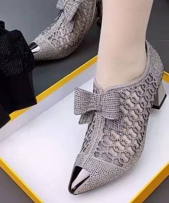 main image0Hollow Mesh Shoes Women s 2022 Summer Fashion Rhinestone Square Heel Pointed Toe Size 43 Zipper