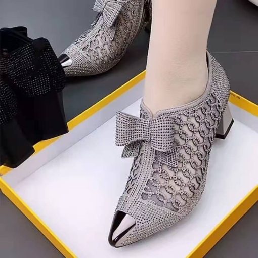 main image0Hollow Mesh Shoes Women s 2022 Summer Fashion Rhinestone Square Heel Pointed Toe Size 43 Zipper