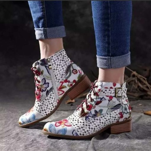 main image0Ink Painting Flower Pattern Ankle Boots Women s Cow Leather Splicing Lace Up Stitching Shoes Spring