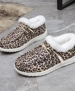 main image0Leopard Print Dude Shoes Women Comfort Flats Slip On Mujer Zapatillas Winter Warm Plush Vulcanize Sneakers