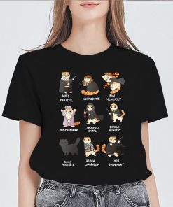 main image0New Womens Black T shirt Casual Round Neck Tshirt femme Tops potter cats Printed 90s Graphics