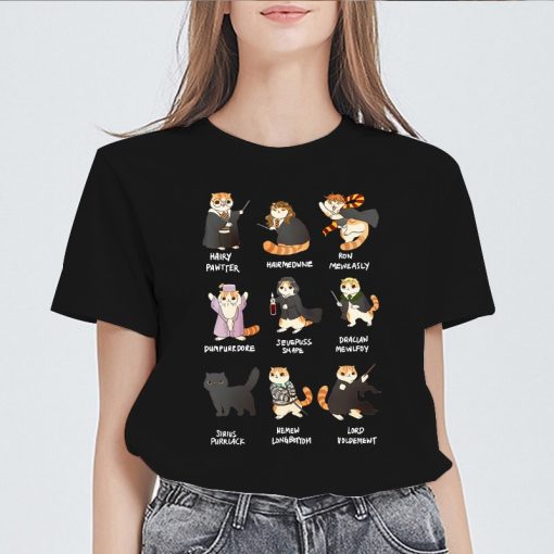 main image0New Womens Black T shirt Casual Round Neck Tshirt femme Tops potter cats Printed 90s Graphics