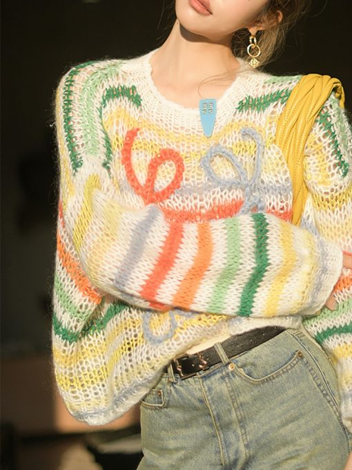 main image0Rainbow Embroidery Scissors Striped Knitted Hollow Sweater Niche Design Women s Knitwear Loose Casual Fashion Tops