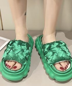 main image0Rimocy Design Weave Satin Platform Slippers for Women 2022 Summer Breathable Linen Sandals Woman Thick Soled