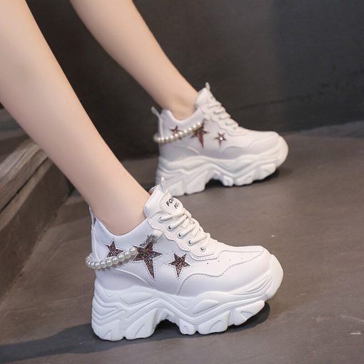 main image0Rimocy Shiny Sequins Chunky Platform Sneakers Women Breathable Lace Up Height Increase Shoes Woman Fashion Pearl