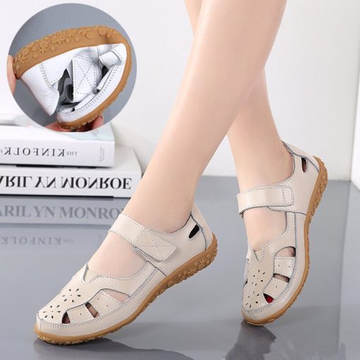 main image0Split Leather Big Size EU42 Female Sandals High Quality Mom Casual Flat Shoes Woman Summer Sandals