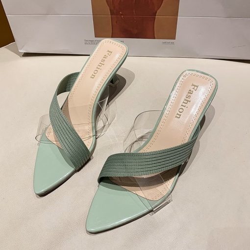 Summer Women Yellow Green Beige Pumps Sandals For Ladies Sexy Mules High Heels Slip-on Slippers Slides Shoes New