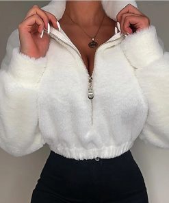 Women Casual Loose Winter Crop Tops Solid Color Fully Stand-Neck Long Sleeve Zip-Up Pullover Sweatshirt for Girls White