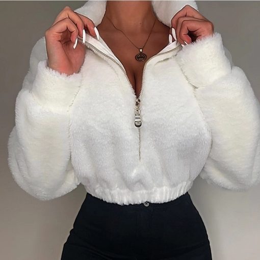 Women Casual Loose Winter Crop Tops Solid Color Fully Stand-Neck Long Sleeve Zip-Up Pullover Sweatshirt for Girls White