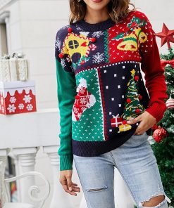 main image0Women Christmas Sweater Cartoon Print O Neck Long Sleeve Knitt Jumpers Tops Holiday Party Sweater Xmas