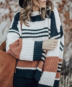 main image0Women Knitted Hoodie Fashion Lovely Chic Preppy Harajuku Long Sleeve O Neck Striped Color Block Girls