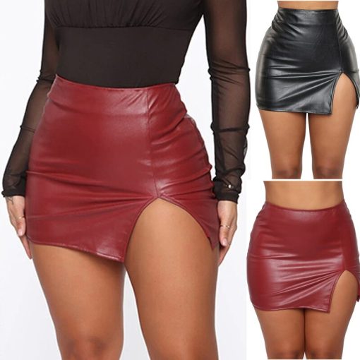 main image0Women Leather Night Clubwear Skirts Summer Pure Color PU leather Zipper Sexy Hip Leather MIni Skirts