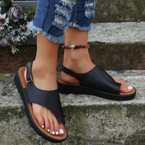 main image0Women PU Leather Shoes Comfy Platform Flat Sole Ladies Casual Soft Big Toe Foot Correction Sandal