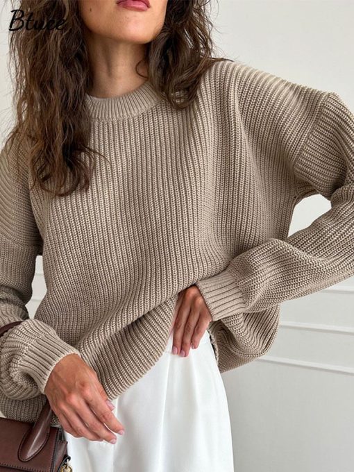 main image0Women Solid Elegant Sweater Pullovers Chic O neck Long Sleeve Knitted Sweaters 2022 Autumn Office Female