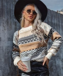 main image0Women Sweater Fall Winter Lazy Wind Pullover Loose Round Neck Long Sleeve Retro Korean Style Knitted