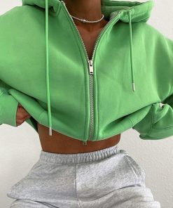 Women's Spring Autumn Hood Tops Solid Color Long Sleeve Zipper Closure Hoodies Loose Style Short Coat