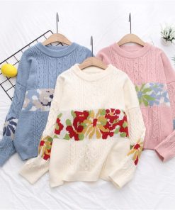 Autumn Winter Blue Green Flowers Floral Pattern Warm Knitting Pattern Women's Sweater Pullover Loose Haute Couture Top