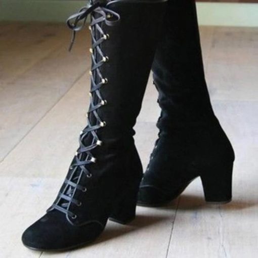 main image12020 Black boots women Shoes knee high Women Casual Vintage Retro Mid Calf Boots Lace Up