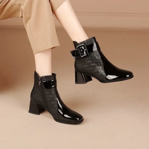 main image12022 Autumn Women Ankle Boots Pu Leather Thick High Heel Short Boots Winter Zip Square Toe