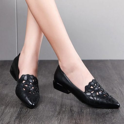 main image12022 New Mid Heel Shoes Women Heels Wedding PU Leather Hollow Out Black Square Heel Formal