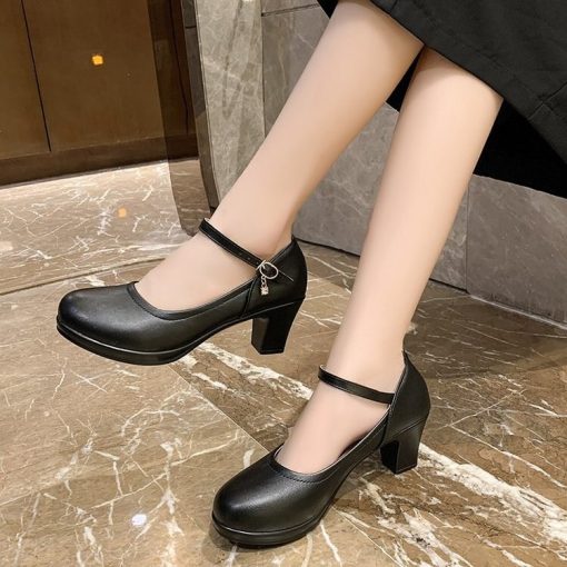 main image12022 New Women Dress Shoes Medium Heels Mary Janes Shoes Patent Leather Pumps Ankle Strap Ladies